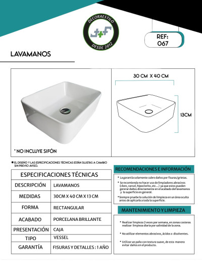 LAVAMANOS CERAMICA SOBREPONER 40X30X13cms