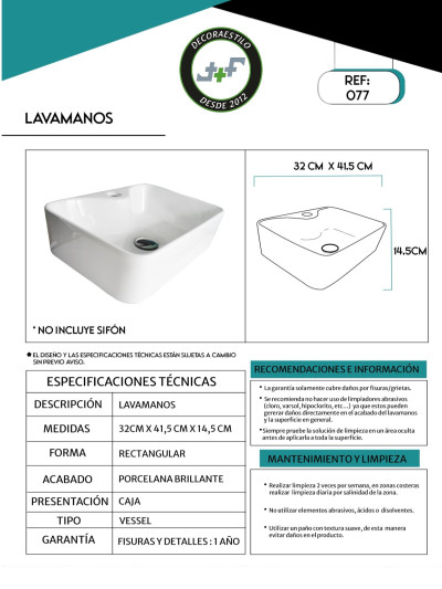 LAVAMANOS CERAMICA SOBREPONER 31X41X14 cms