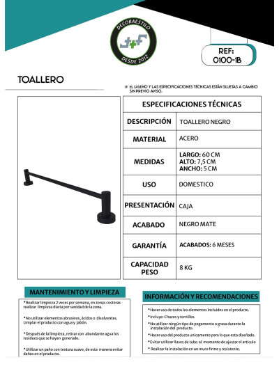 TOALLERO BARRA NEGRO MATE