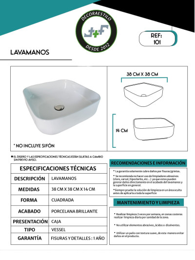 LAVAMANOS PORCELANA 39X39X14cms