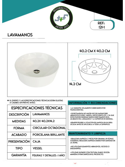 LAVAMANOS PORCELANA 40X40X14CM