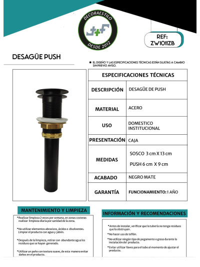 DESAGUE PUSH NEGRO MATE
