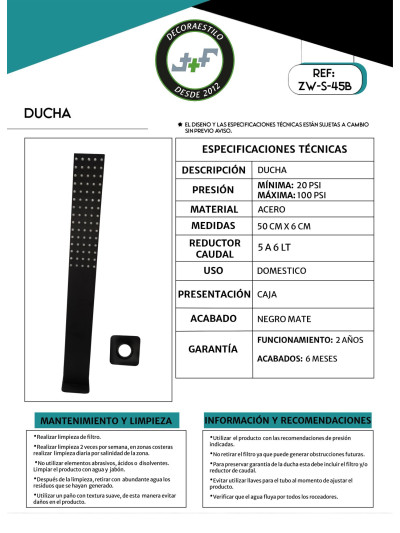 DUCHA TUBO 45 CM CUADRADA NEGRA