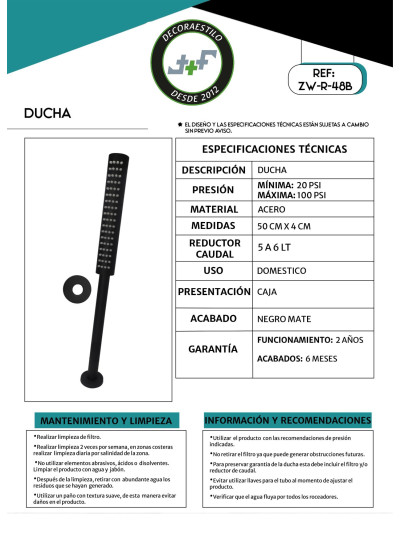 DUCHA TUBO 48CM REDONDA NEGRA