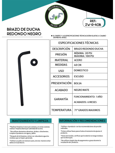 TUBO DE DUCHA REDONDO NEGRO 40 CM