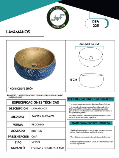 LAVAMANOS ARTESANAL 36*36*16CM