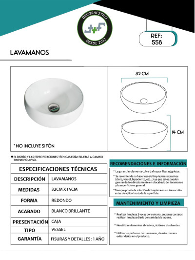 LAVAMANOS PORCELANA REDONDO 33cms
