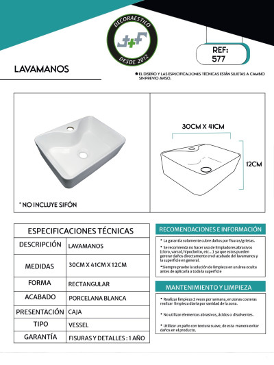 LAVAMANOS RECTANGULAR CERAMICA BLANCA