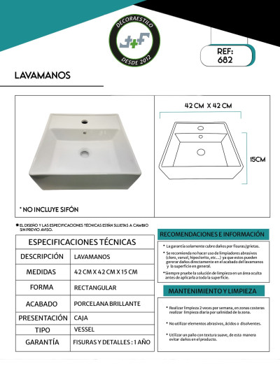 LAVAMANOS CERAMICO 42X42X15cm