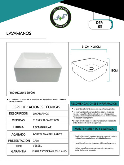LAVAMANOS EN CERAMICA BLANCO CUADRADO LISO 31X31X13CM