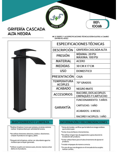 GRIFERÍA CASCADA ALTA NEGRA