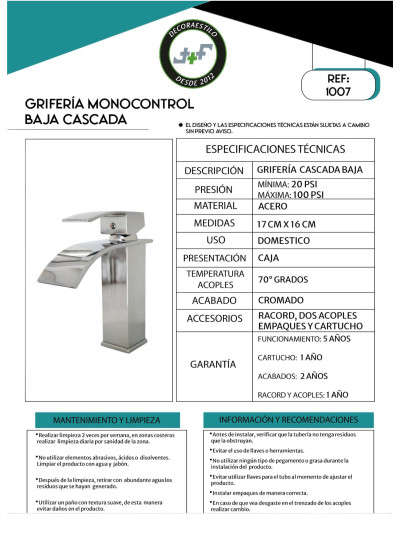 LLAVE MONOCONTROL CASCADA BAJA