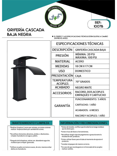GRIFERIA CASCADA BAJA NEGRA