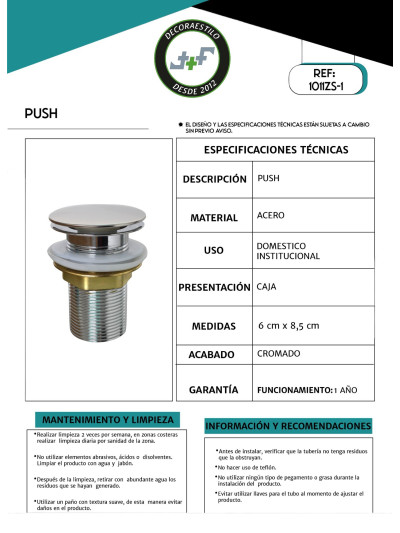 DESAGUE PUSH ACERO CROMO