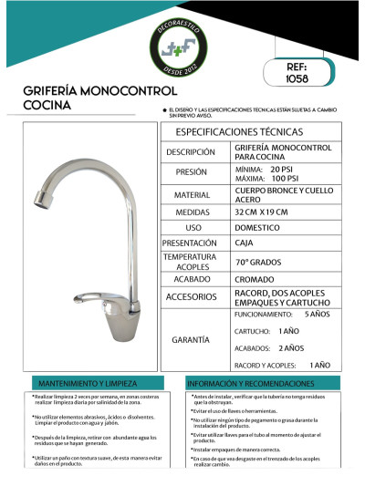 LLAVE MONOCONTROL COCINA