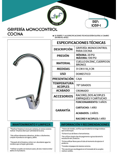 GRIFERIA MONOCONTROL COCINA