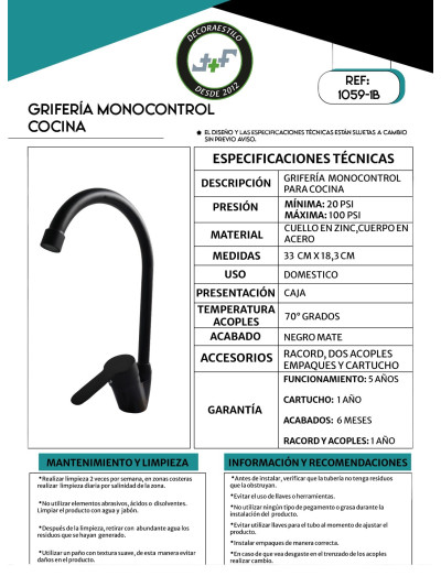 GRIFERIA MONOCONTROL NEGRA COCINA