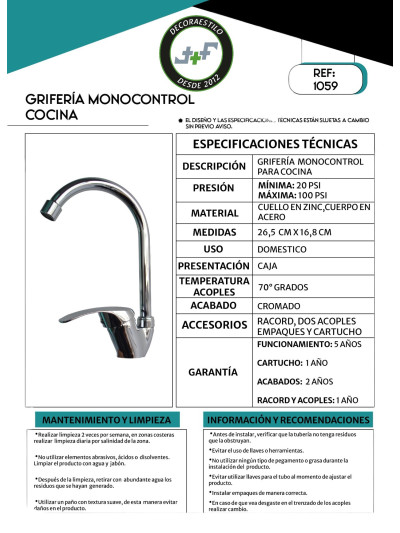 LLAVE MONOCONTROL COCINA
