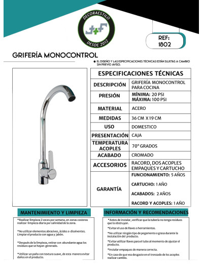 GRIFERIA MONOCONTROL EN BRONCE