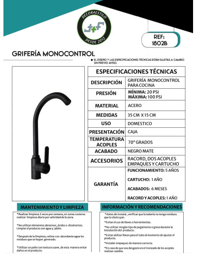 GRIFERIA MONOCONTROL LAVAPLATOS BRONCE NEGRA