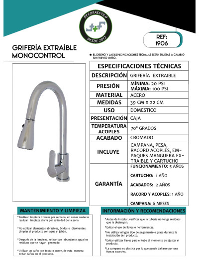 GRIFERÍA EXTRAÍBLE MONOCONTROL CROMADA