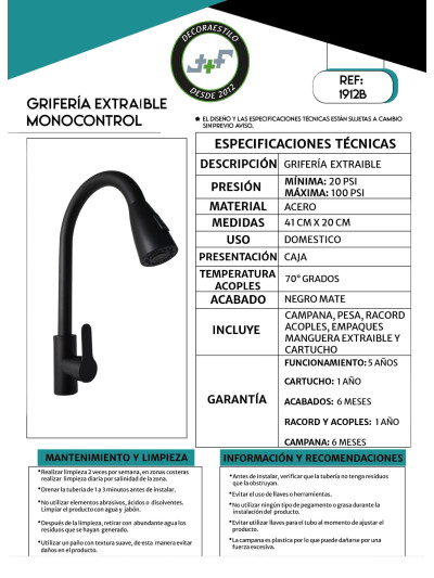 GRIFERIA MONOCONTROL EXTRAIBLE  NEGRO