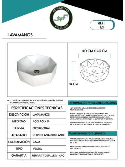 LAVAMANOS PORCELANA 40X40X14cms