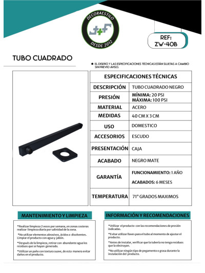 TUBO DE DUCHA CUADRADO NEGRO 40 CM