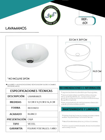LAVAMANOS PORCELANA REDONDO 33cms