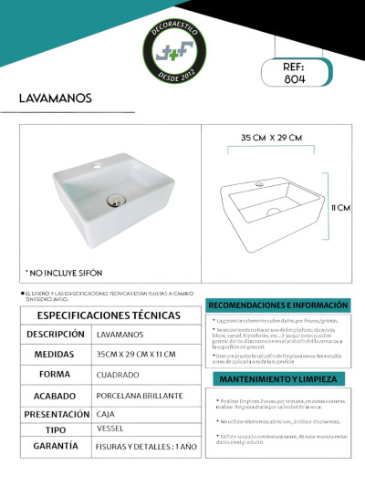 LAVAMANOS PORCELANA 32X29X11cms