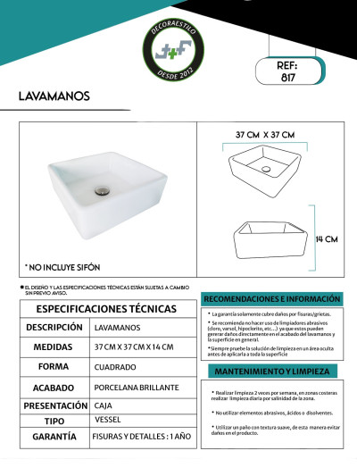 LAVAMANOS PORCELANA 37X37X14cms