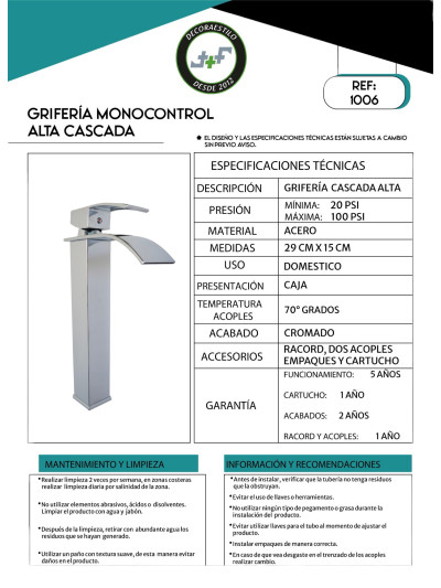 LLAVE MONOCONTROL CASCADA ALTA
