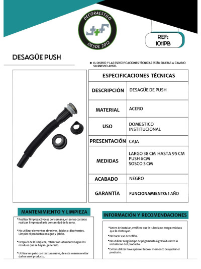 DESAGUE DE PUSH NEGRO CON SIFON EXTENSIBLE