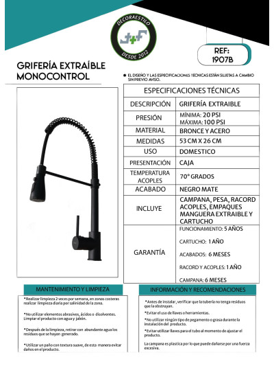 GRIFERÍA MONOCONTROL COCINA NEGRA