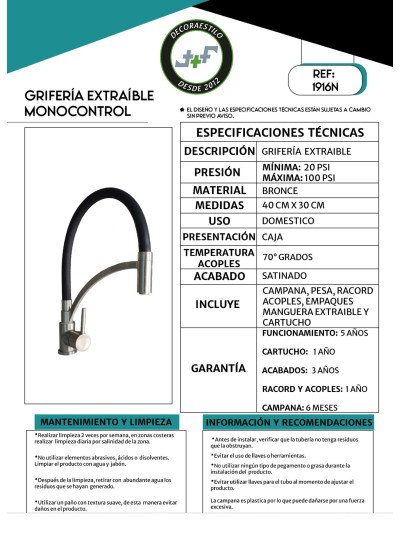 LLAVE MONOCONTROL FLEXIBLE  SATINADA