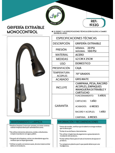 LLAVE MONOCONTROL EXTRAIBLE GRIS